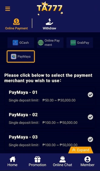 Step 1: Choose the PayMaya deposit method