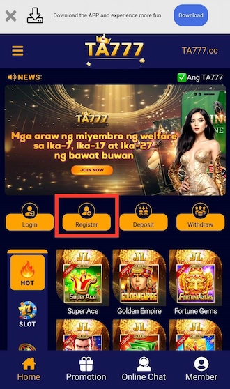 Step 1: TA777 casino login Philippines via the link and start Register